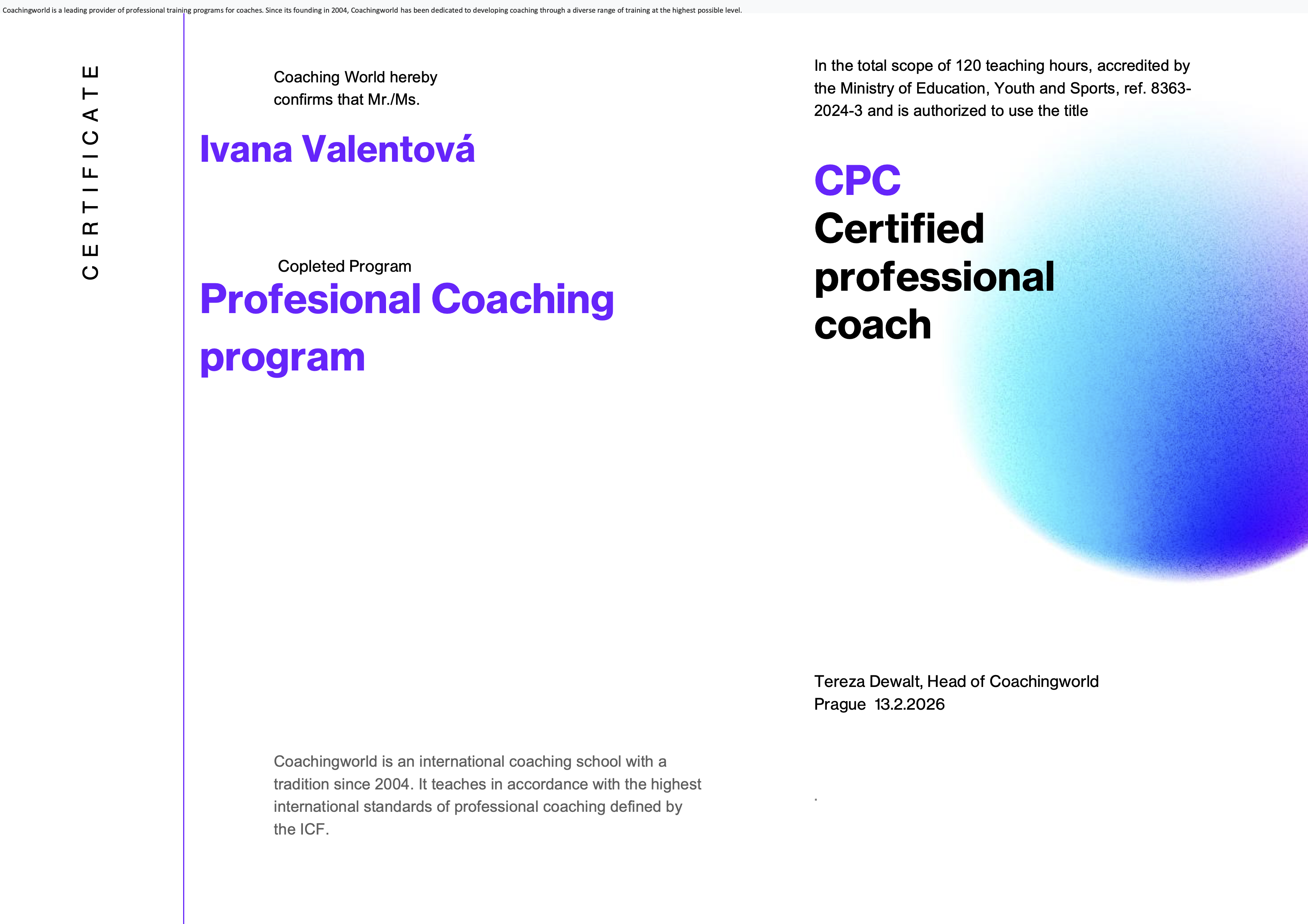 CPC Certified Professional Coach – certifikát Ivana Valentová, Coachingworld 2026